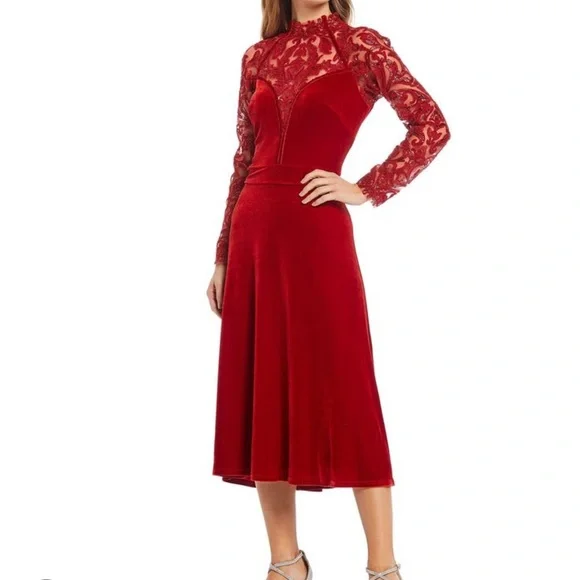 knee length dresses for ladies Belle Sequin Lace Panel Midi Dress – Tadashi Shoji Official Online Boutique main image 0